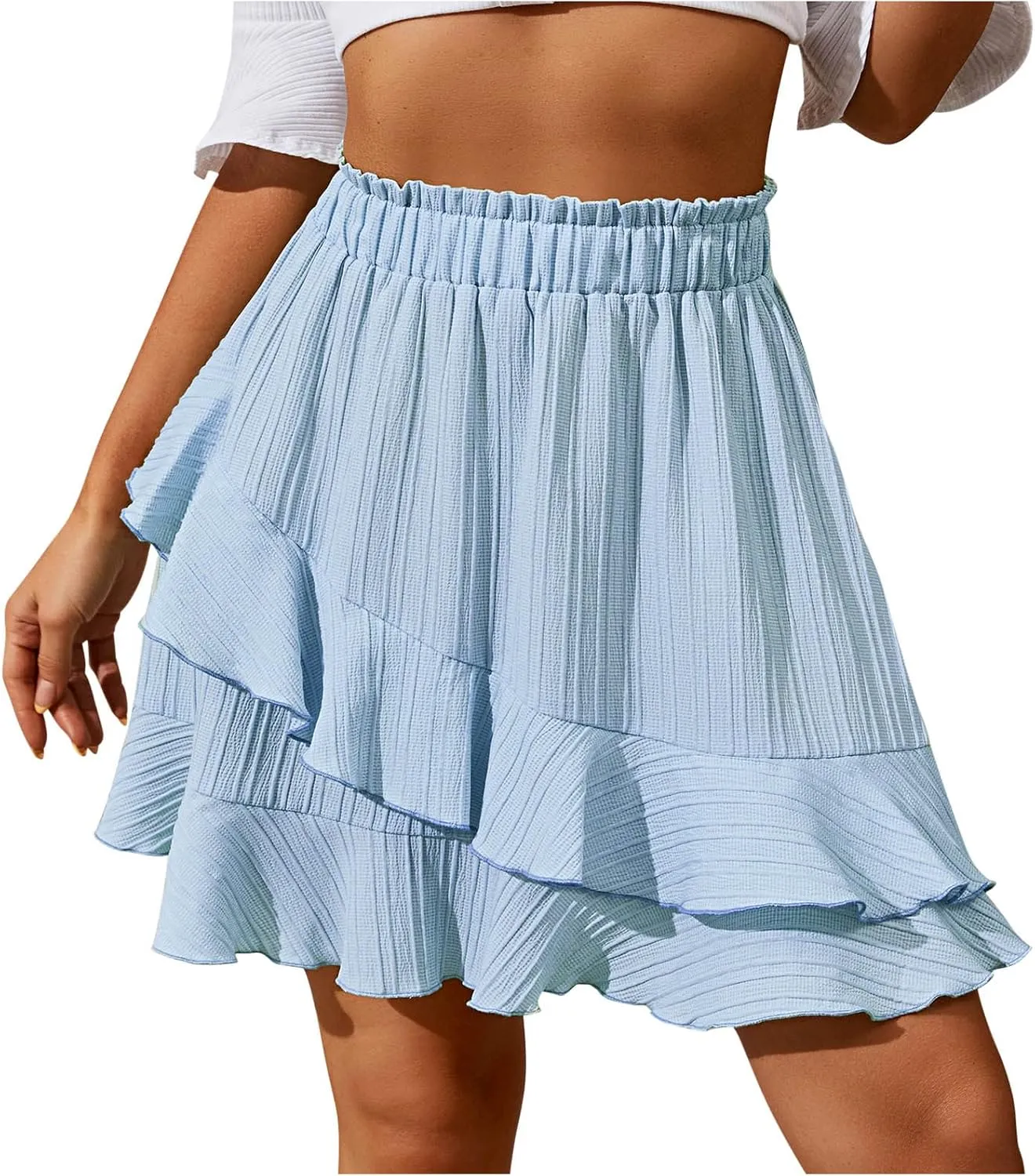 Asymmetrical Skirt for Women Pleated Double Layer Chiffon Short Skirts Summer Elegant Smocked Waist Solid Skirts