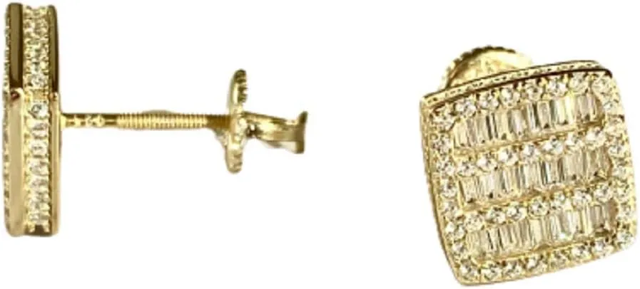Baguette Mens Ladies 14K Gold Over Silver Lab Diamond Earrings Screw Back Studs Iced Out aretes para hombre - Men's Earrings, Screw Back, Men's Jewelry, Hip hop Earring