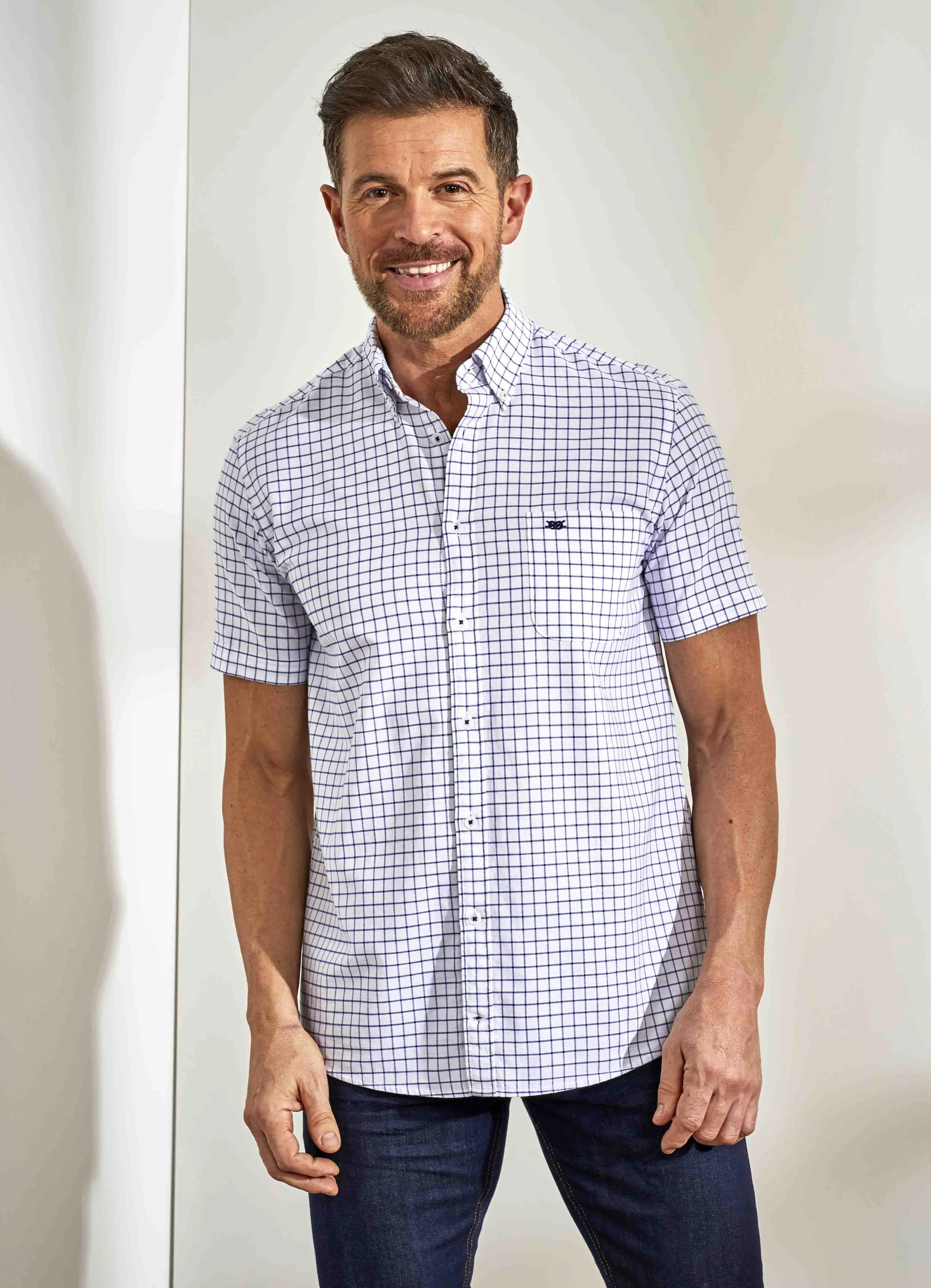Bar Harbour White and Navy Short Sleeve Check Shirt Big and Tall