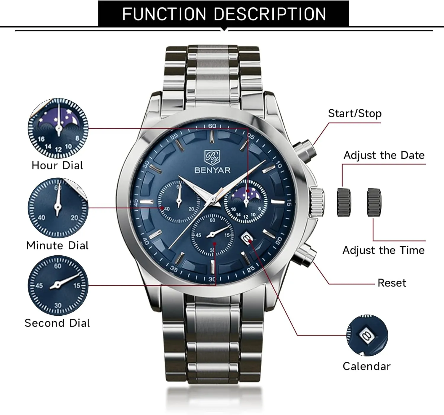 BENYAR Mens Watches Chronograph Analog Quartz Watch Silver Black Stainless Steel Watch for Men Stylish Business Sports Waterproof Wristwatch Elegant Gift Brown Leather Strap