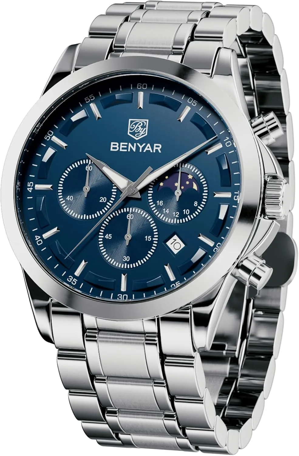 BENYAR Mens Watches Chronograph Analog Quartz Watch Silver Black Stainless Steel Watch for Men Stylish Business Sports Waterproof Wristwatch Elegant Gift Brown Leather Strap