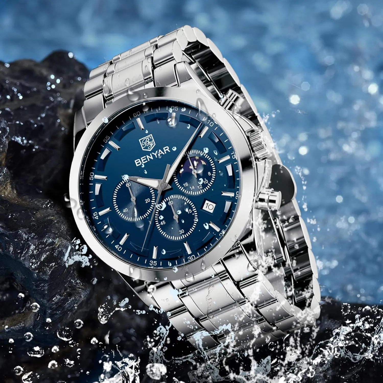 BENYAR Mens Watches Chronograph Analog Quartz Watch Silver Black Stainless Steel Watch for Men Stylish Business Sports Waterproof Wristwatch Elegant Gift Brown Leather Strap