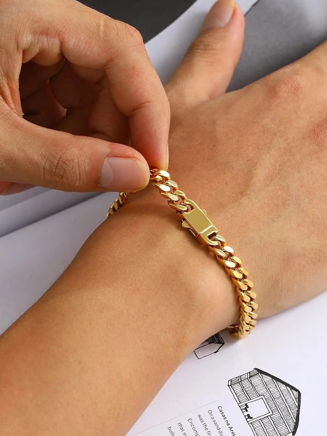 Bestyle Thick Mens Cuban Link Chain Bracelets, Durable Real 18K Gold/Black Metal Plated Solid Stainless Steel Hand Chain Cuban Bracelets for Men, Silver Black Gold Bracelets for Father Husband