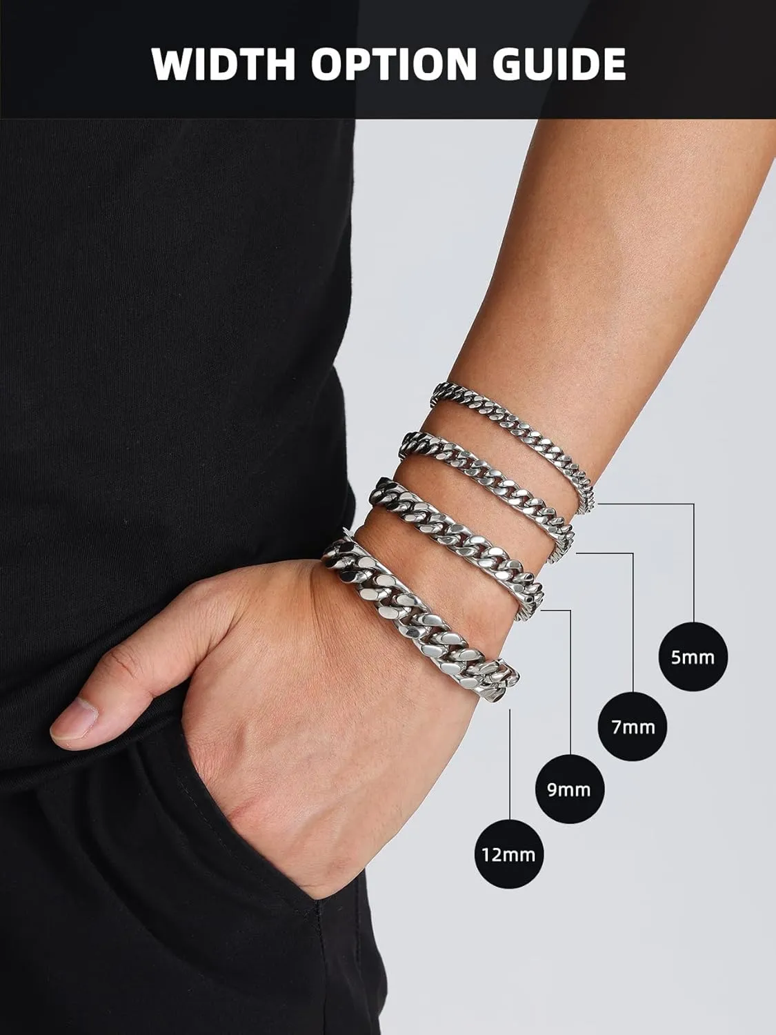 Bestyle Thick Mens Cuban Link Chain Bracelets, Durable Real 18K Gold/Black Metal Plated Solid Stainless Steel Hand Chain Cuban Bracelets for Men, Silver Black Gold Bracelets for Father Husband
