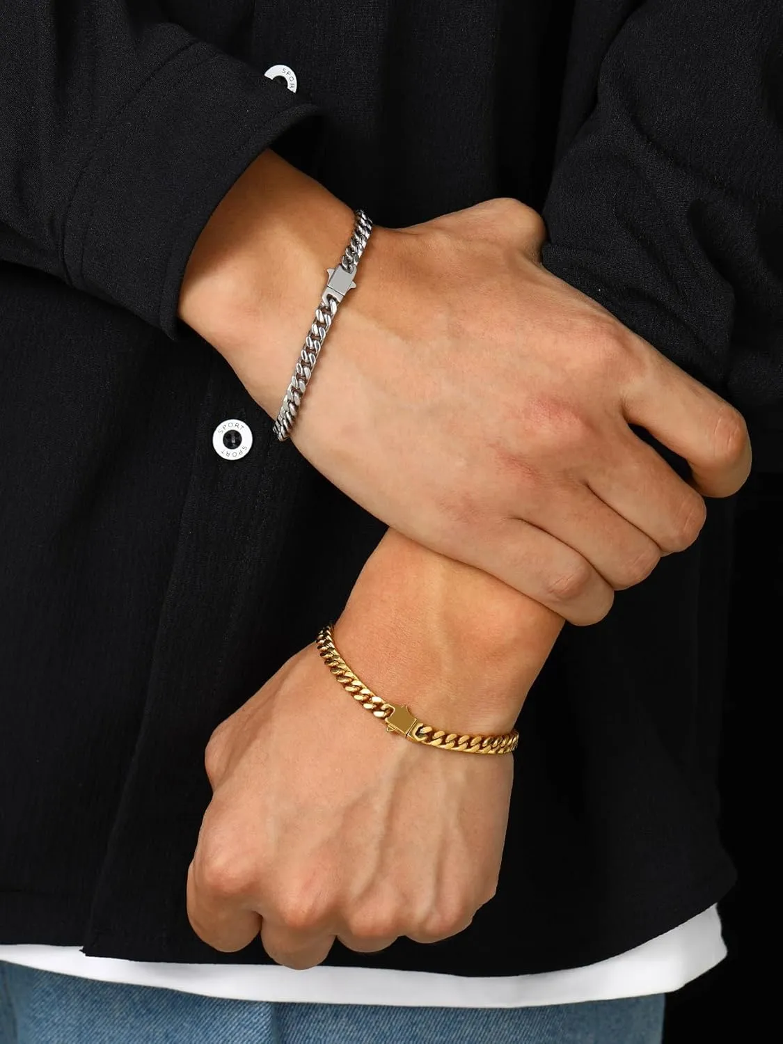 Bestyle Thick Mens Cuban Link Chain Bracelets, Durable Real 18K Gold/Black Metal Plated Solid Stainless Steel Hand Chain Cuban Bracelets for Men, Silver Black Gold Bracelets for Father Husband