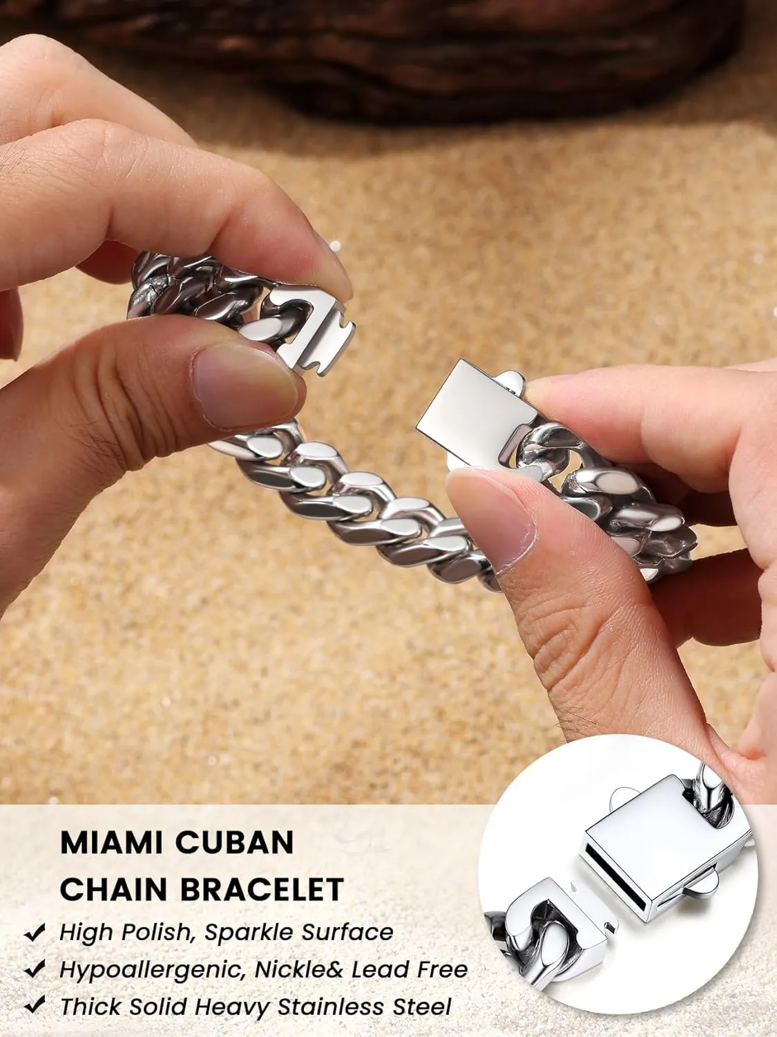 Bestyle Thick Mens Cuban Link Chain Bracelets, Durable Real 18K Gold/Black Metal Plated Solid Stainless Steel Hand Chain Cuban Bracelets for Men, Silver Black Gold Bracelets for Father Husband