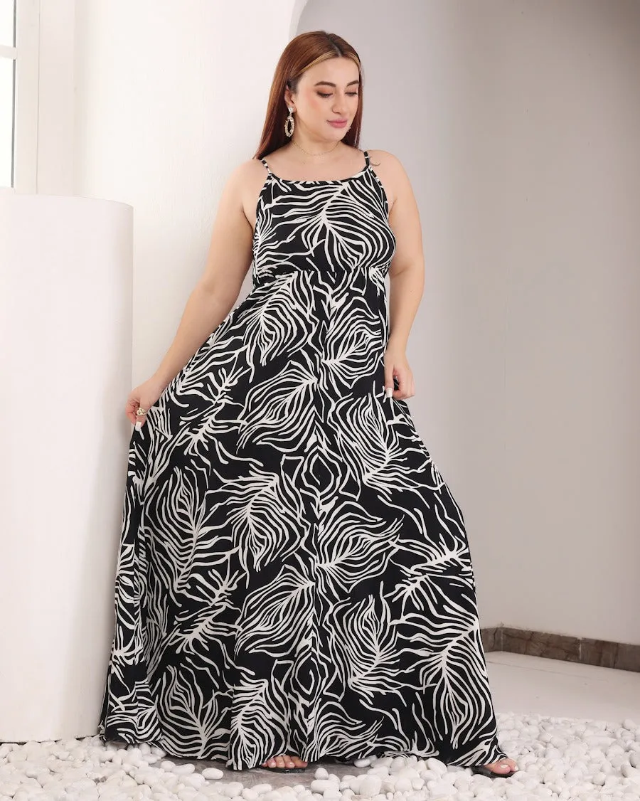Black & White Leaf Printed Maxi Dress