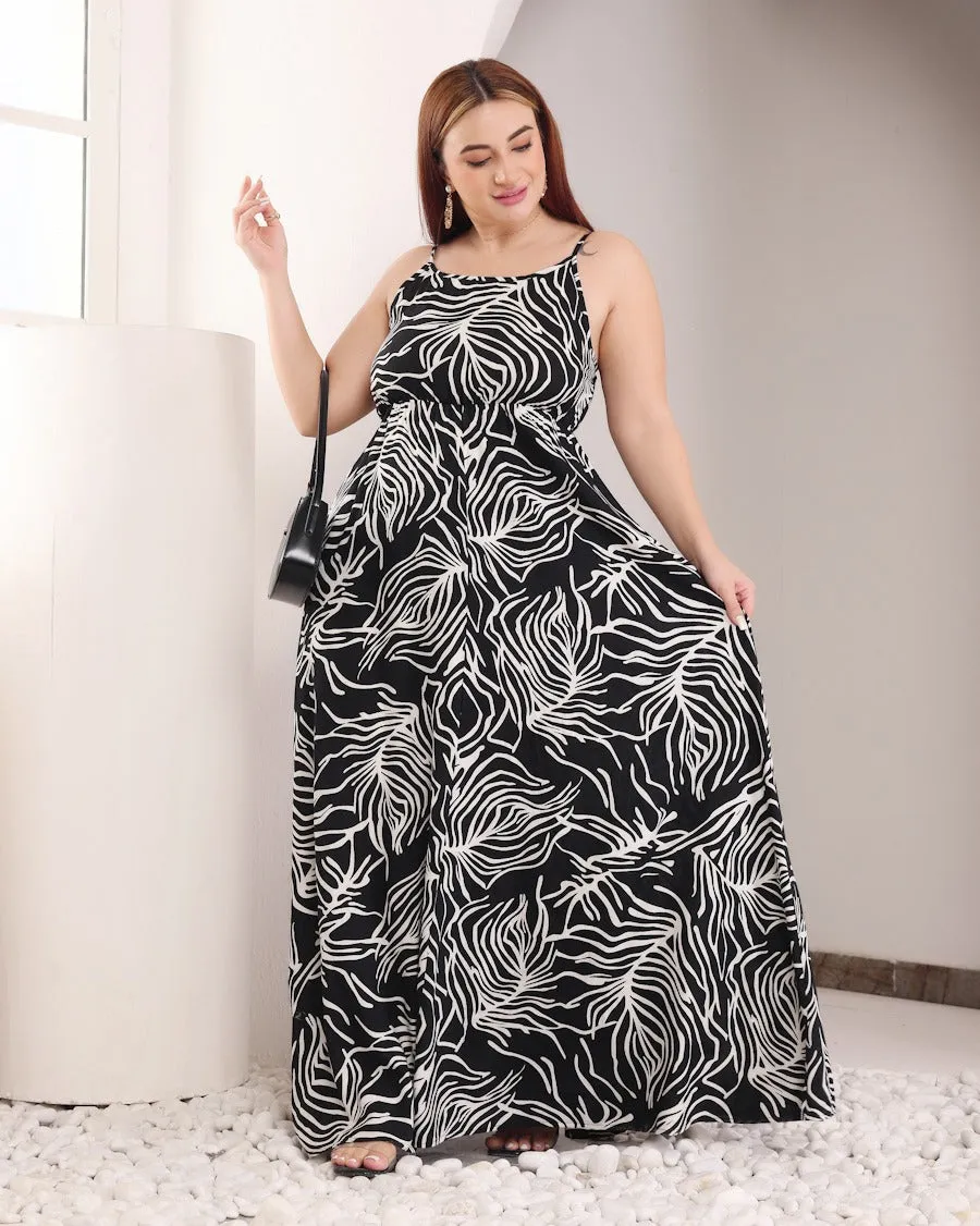 Black & White Leaf Printed Maxi Dress