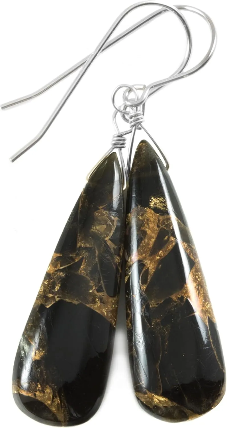 Black Coppery Mosaic Obsidian Earrings Smooth Simple Teardrops Hanging Dangles Simple 1.8 Inch Drops
