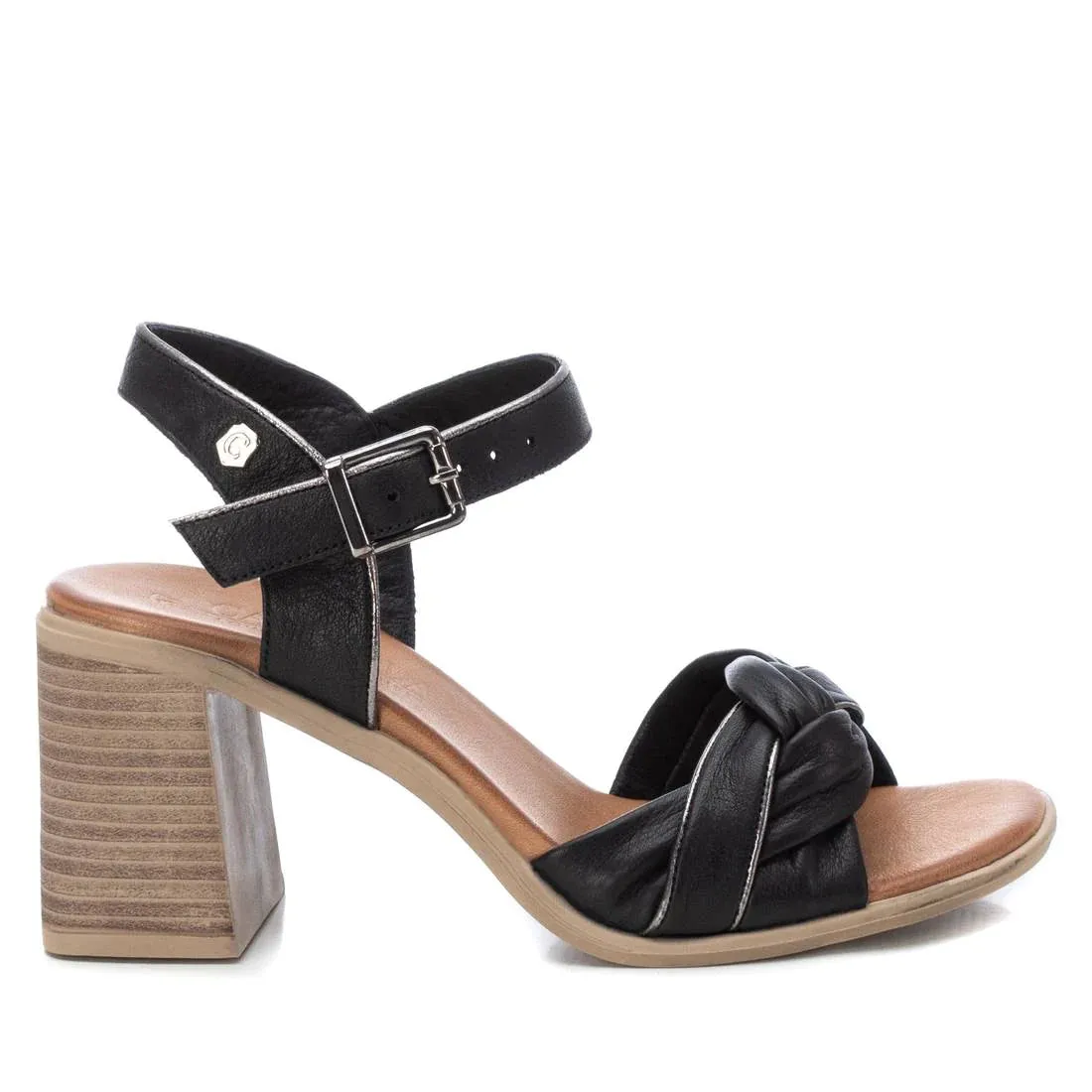 BLACK LEATHER HEELED SANDAL