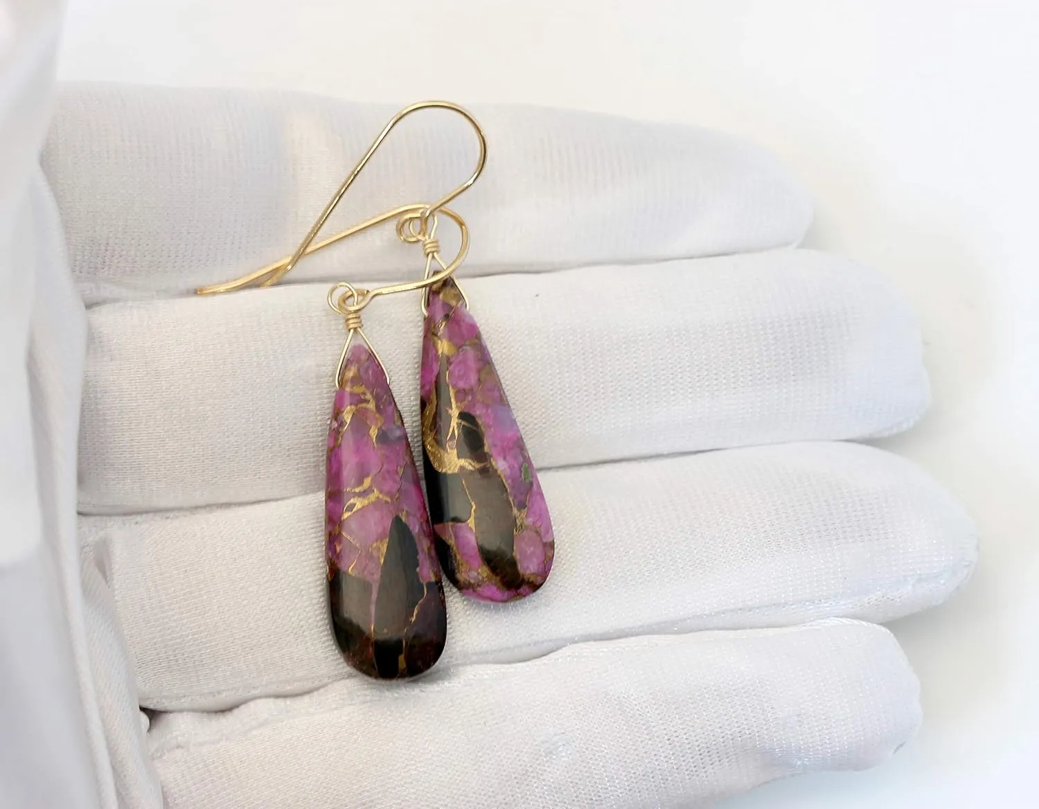 Black Pink Coppery Mosaic Obsidian Earrings Smooth Simple Teardrops Hanging Dangles Simple 1.8 Inch Drops