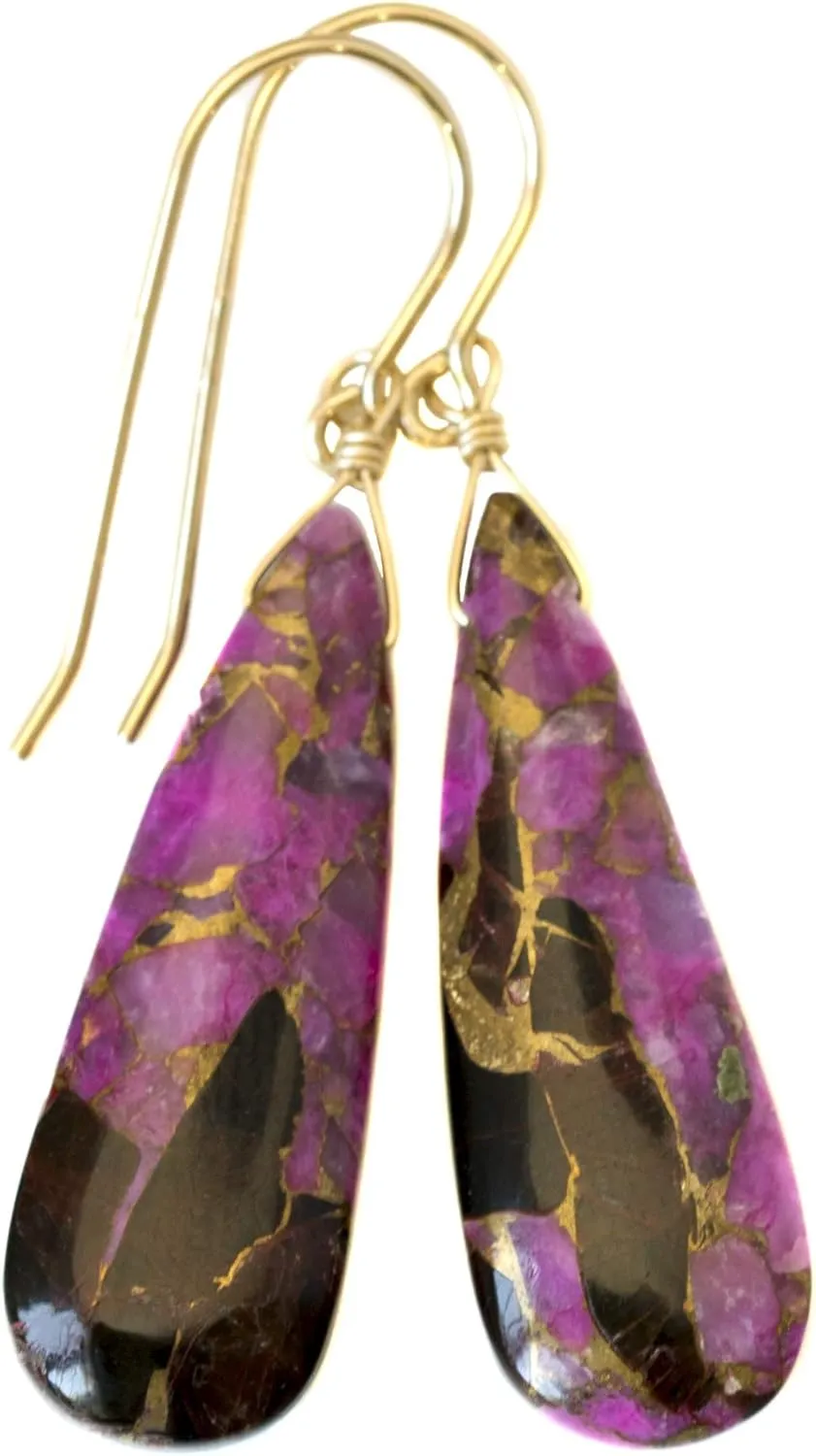 Black Pink Coppery Mosaic Obsidian Earrings Smooth Simple Teardrops Hanging Dangles Simple 1.8 Inch Drops
