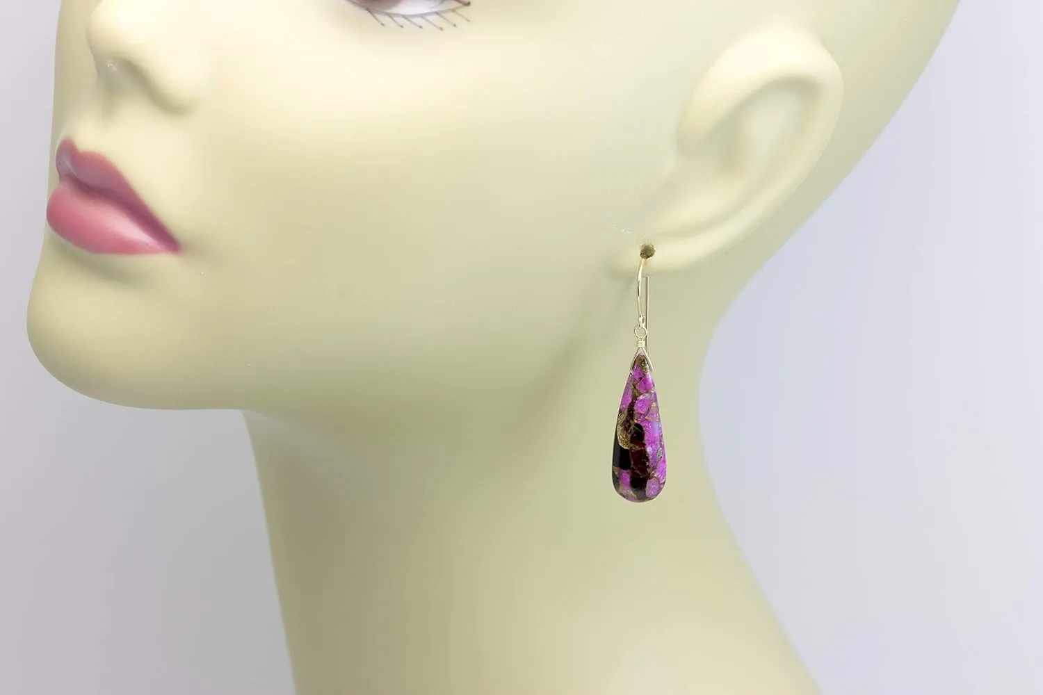 Black Pink Coppery Mosaic Obsidian Earrings Smooth Simple Teardrops Hanging Dangles Simple 1.8 Inch Drops