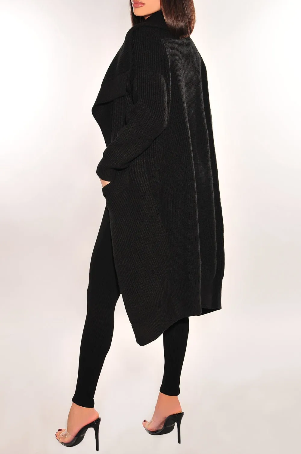 Black Ribbed Long Sleeve Collared Cardigan Jacket