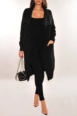 Black Ribbed Long Sleeve Collared Cardigan Jacket
