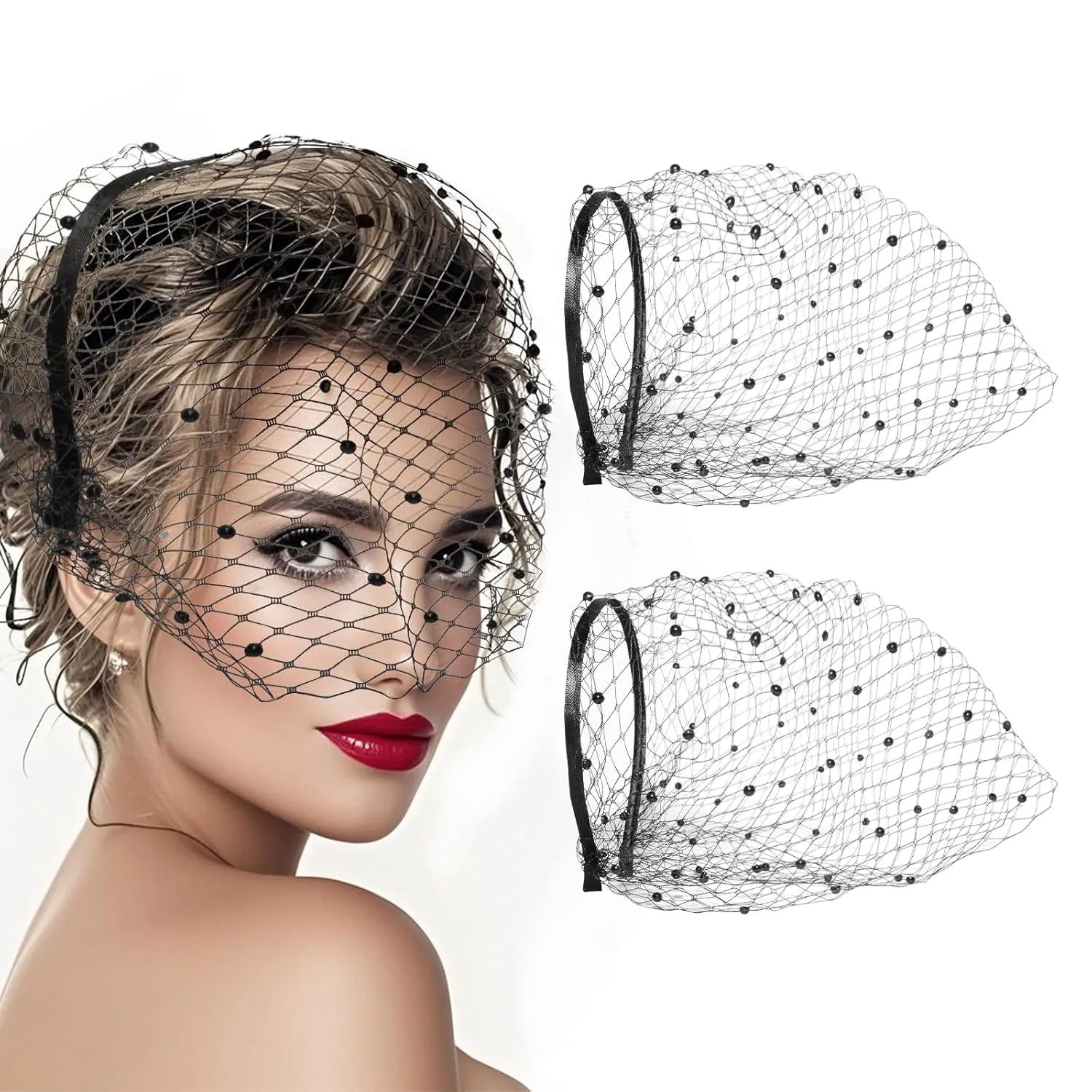Black Veil Mesh Veil Headband, 2 Pairs Glittering Crystal Mesh Headbands with Adjustable with Adjustable Plastic Band, mesh Shimmering veil headband 1920s headpiece for Elegant women & Girls
