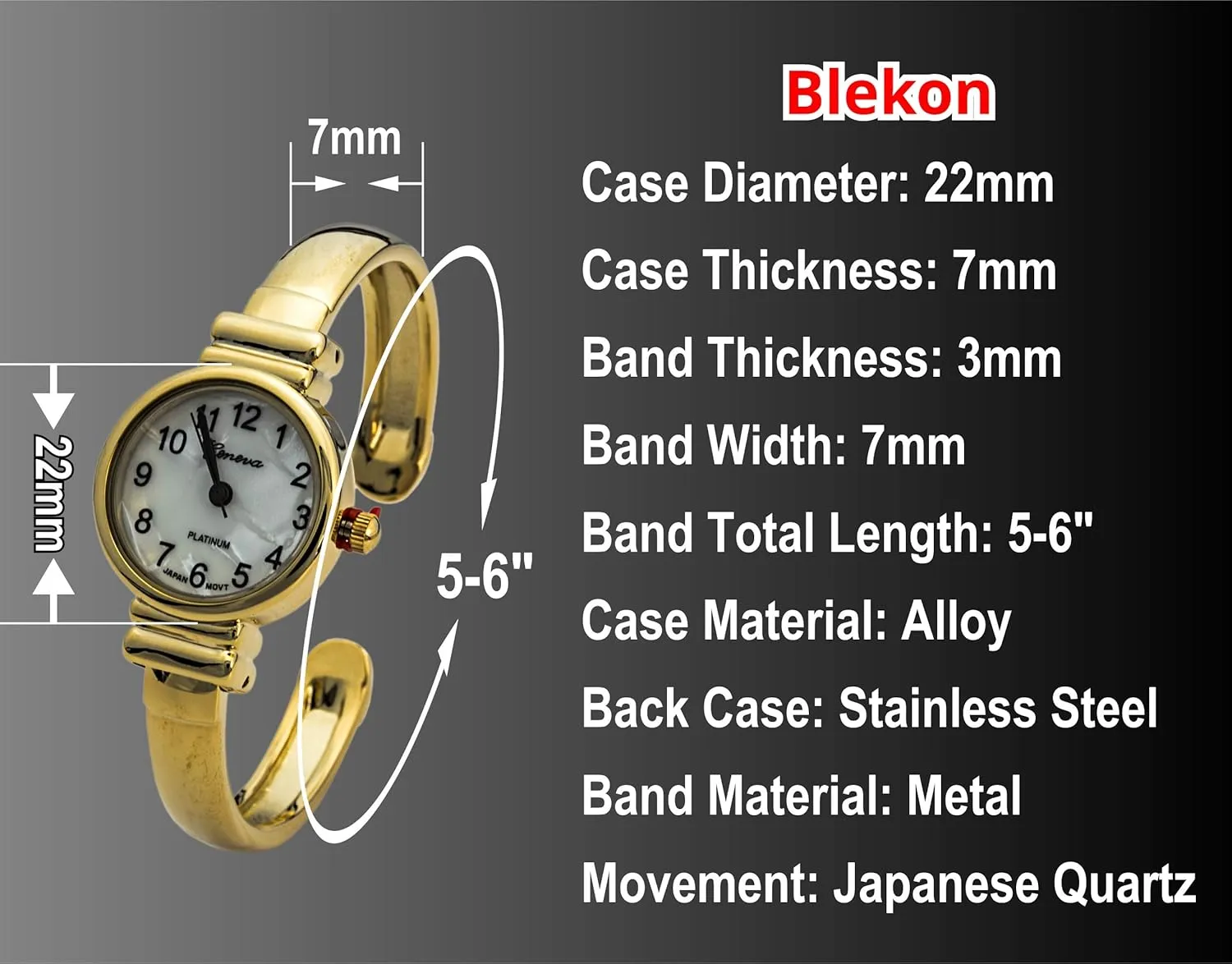 Blekon Collections Japanese Quartz Women's 22mm Case Small Metal Cuff Bangle Watch