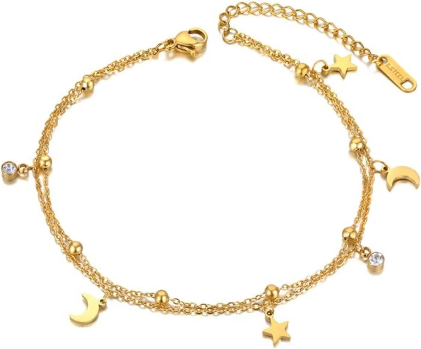 Bohemia Double Layer Cz Crystal Moon Star Charm Anklets for Women Foot Link Chain Anklet Jewelry