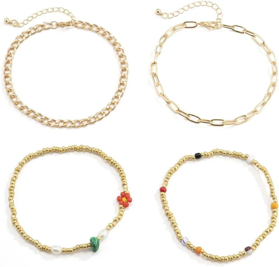 Boho Layered Beads Chain Anklets Bracelet for Ankle Women Fashion Foot Chains Jewelry Charm Stone Ankel Bracelet Set on the Leg