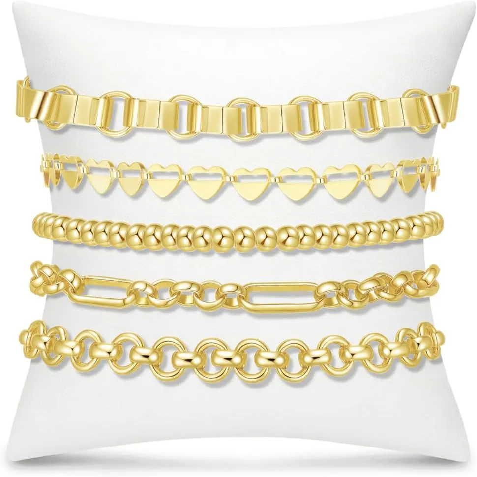 BOMAIL 5Pcs Gold Bracelets for Women-14K Gold Plated Stackable Bracelet Stack Adjustable Paperclip Chain Cuban Link Layered Bracelets Set Jewelry for Women