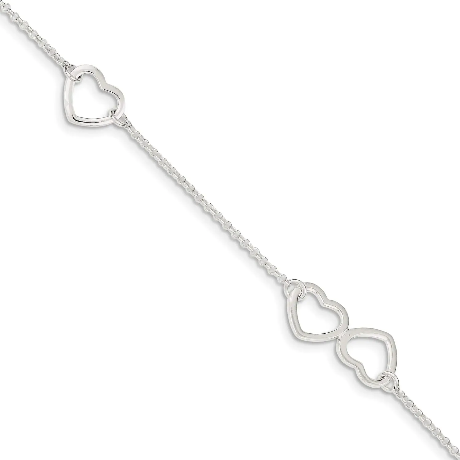 Bonyak Jewelry Sterling Silver Polished Heart 9in Plus 1in ext. Anklet Brilliant