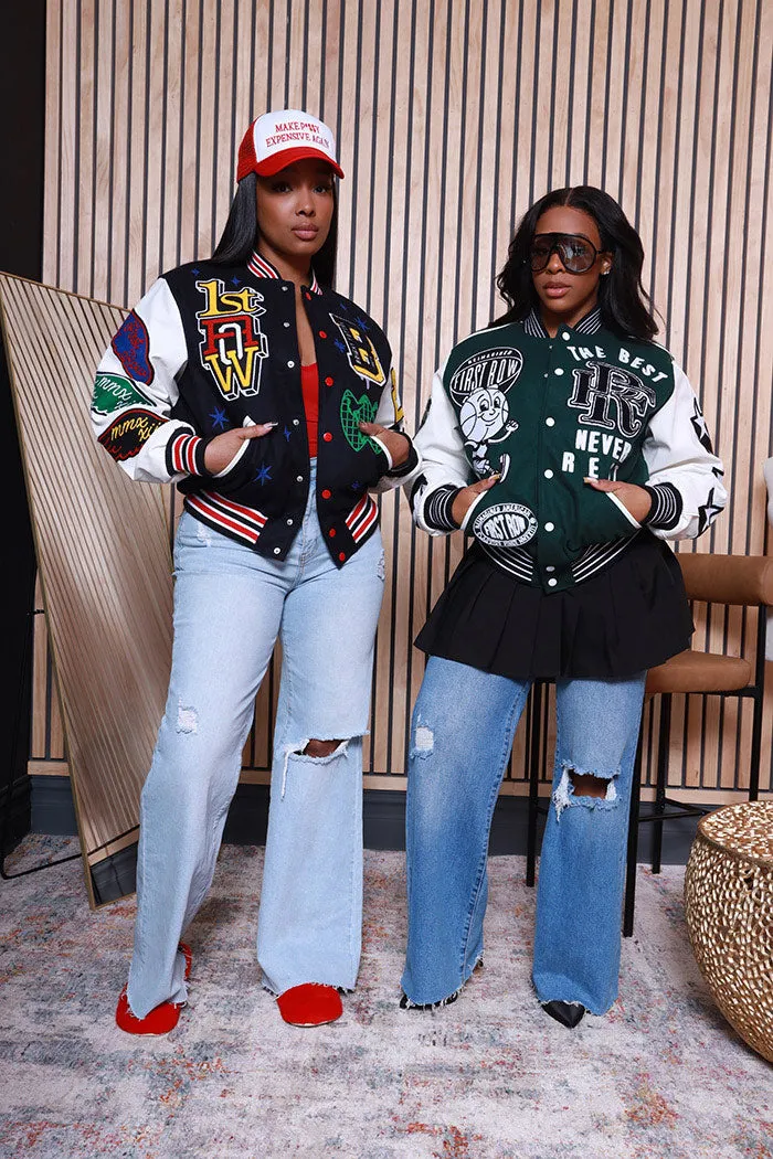 Bright Future Faux Leather Varsity Jacket - Navy/White