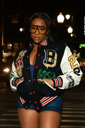 Bright Future Faux Leather Varsity Jacket - Navy/White