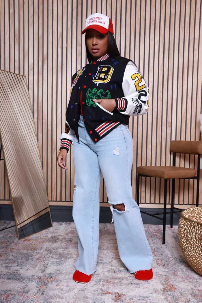 Bright Future Faux Leather Varsity Jacket - Navy/White