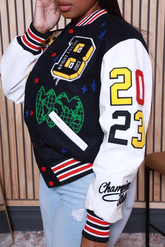 Bright Future Faux Leather Varsity Jacket - Navy/White