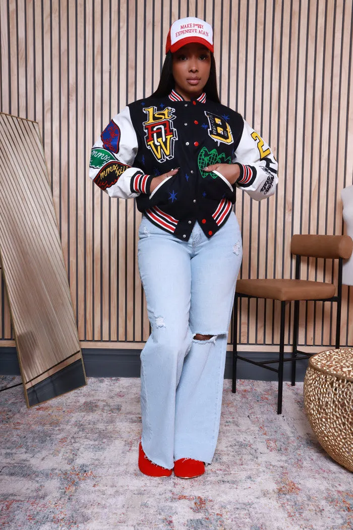 Bright Future Faux Leather Varsity Jacket - Navy/White