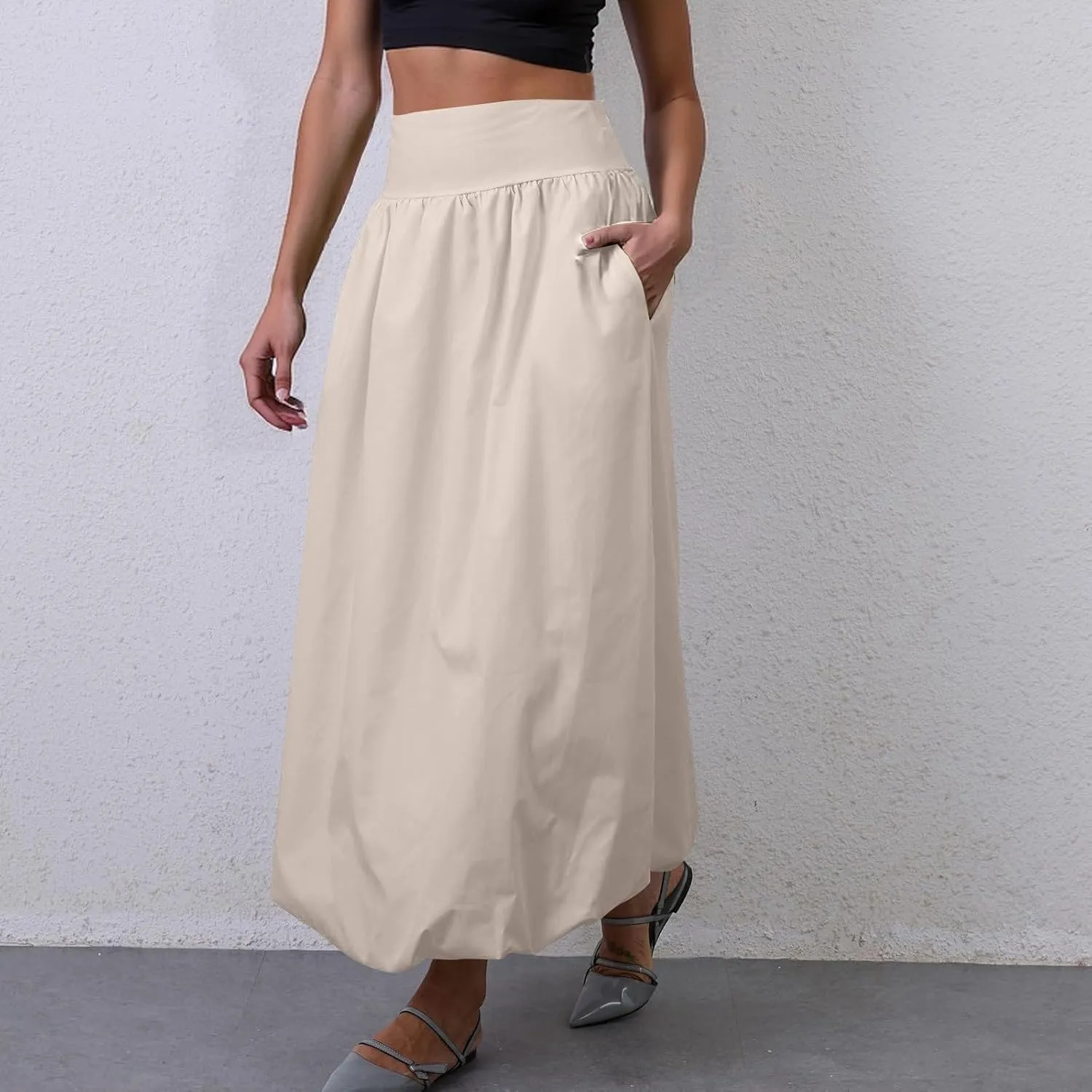 Bubble Midi Skirts for Women Trendy 2025 Summer Smocked Vacation Elastic Waist Flowy A Line Long Skirt with Pockets