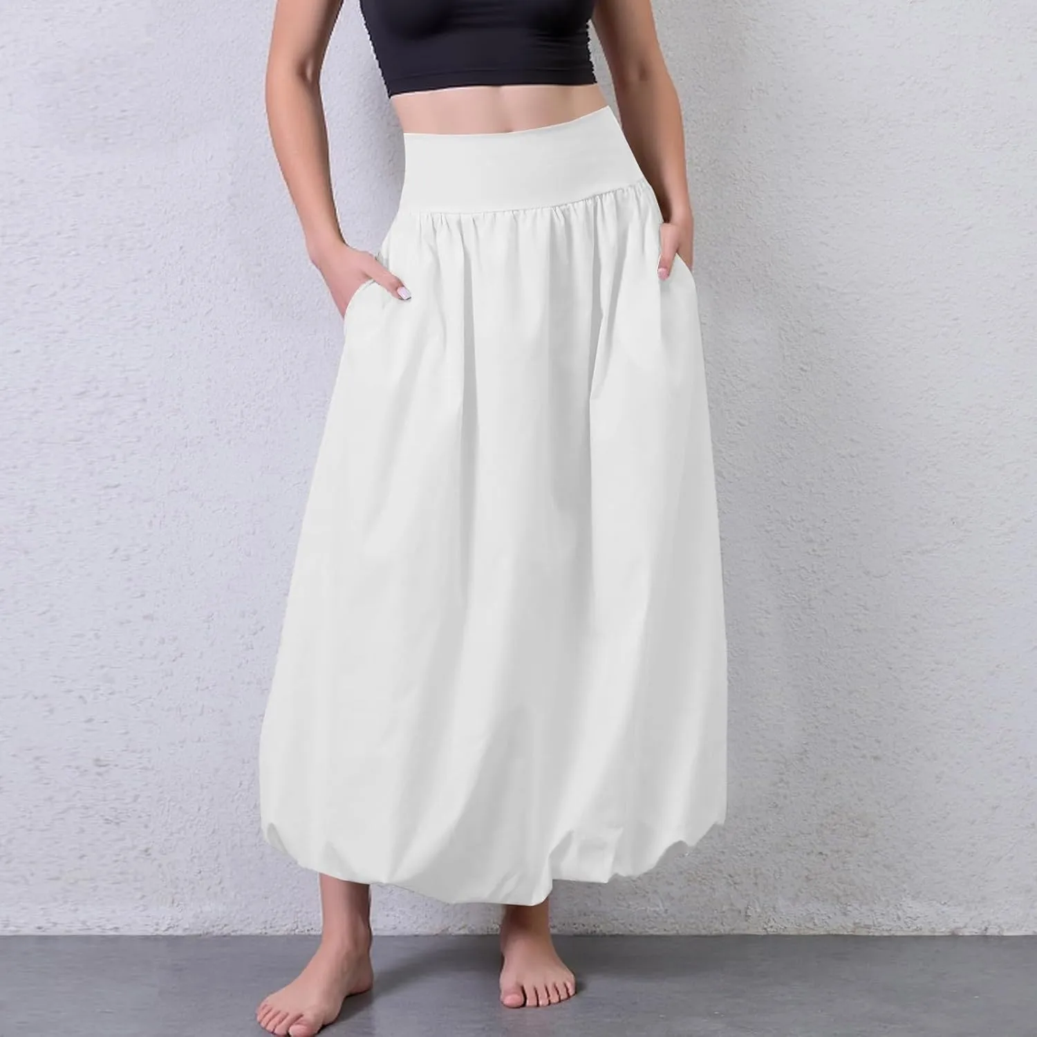 Bubble Midi Skirts for Women Trendy 2025 Summer Smocked Vacation Elastic Waist Flowy A Line Long Skirt with Pockets