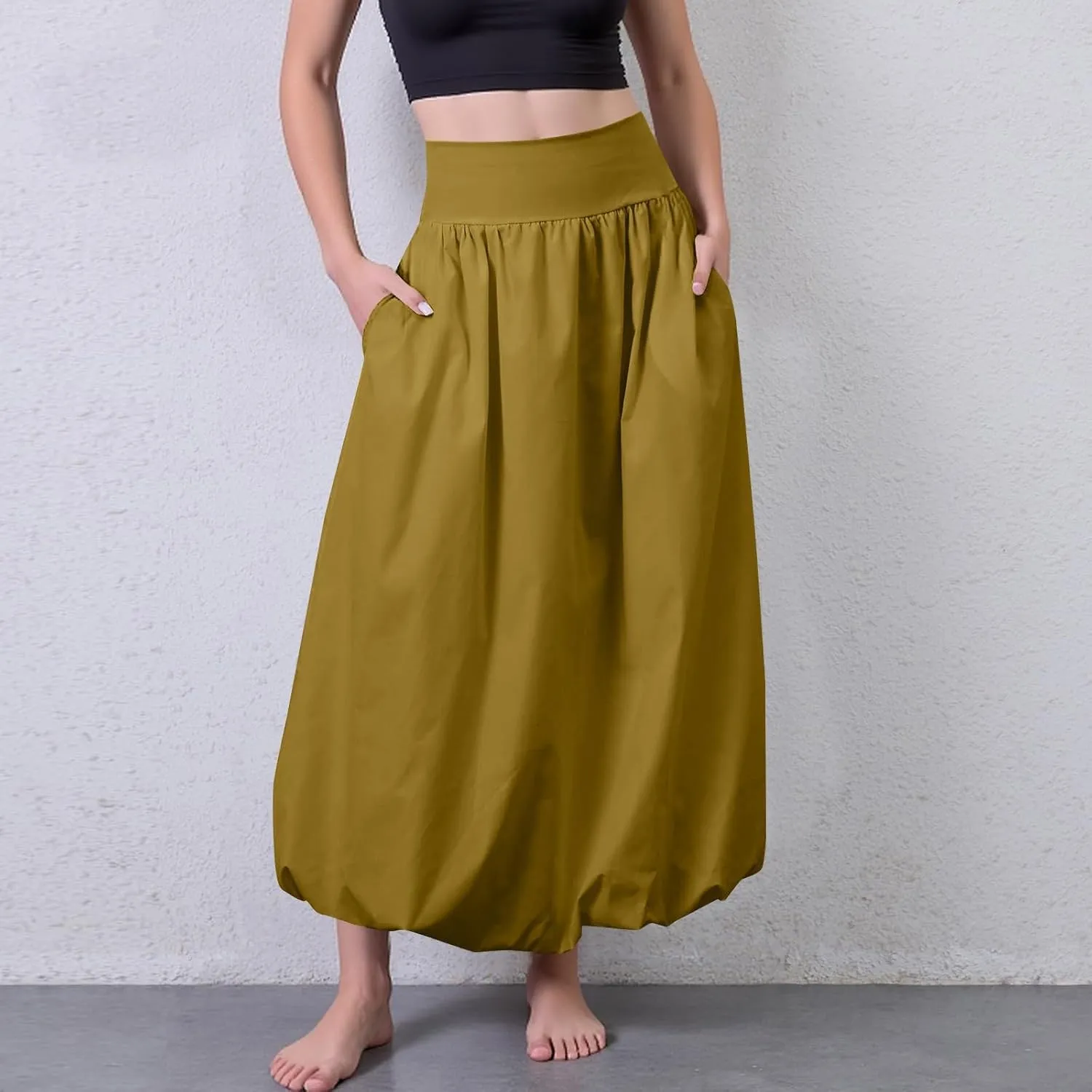 Bubble Midi Skirts for Women Trendy 2025 Summer Smocked Vacation Elastic Waist Flowy A Line Long Skirt with Pockets
