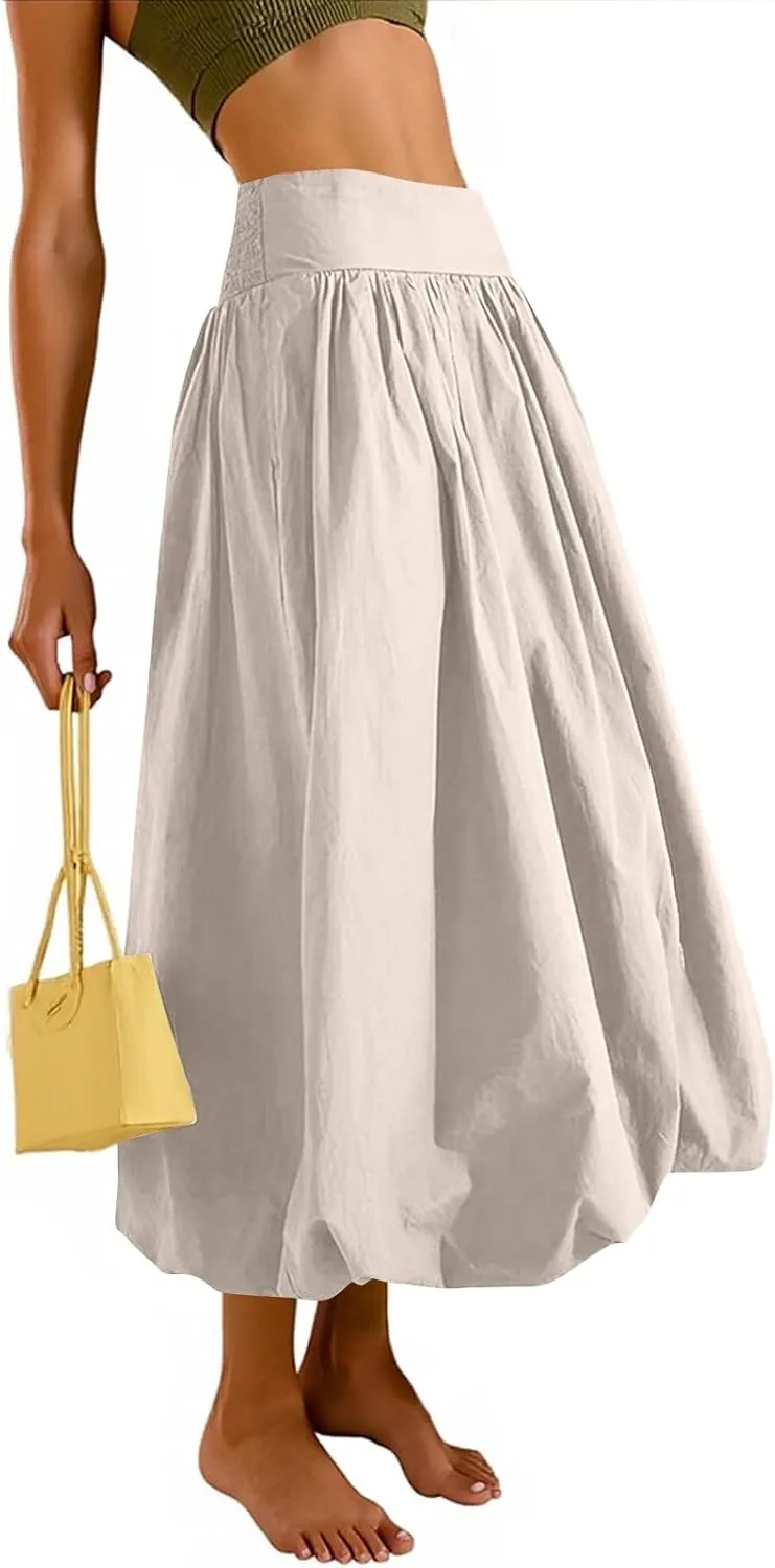 Bubble Midi Skirts for Women Trendy 2025 Summer Smocked Vacation Elastic Waist Flowy A Line Long Skirt with Pockets