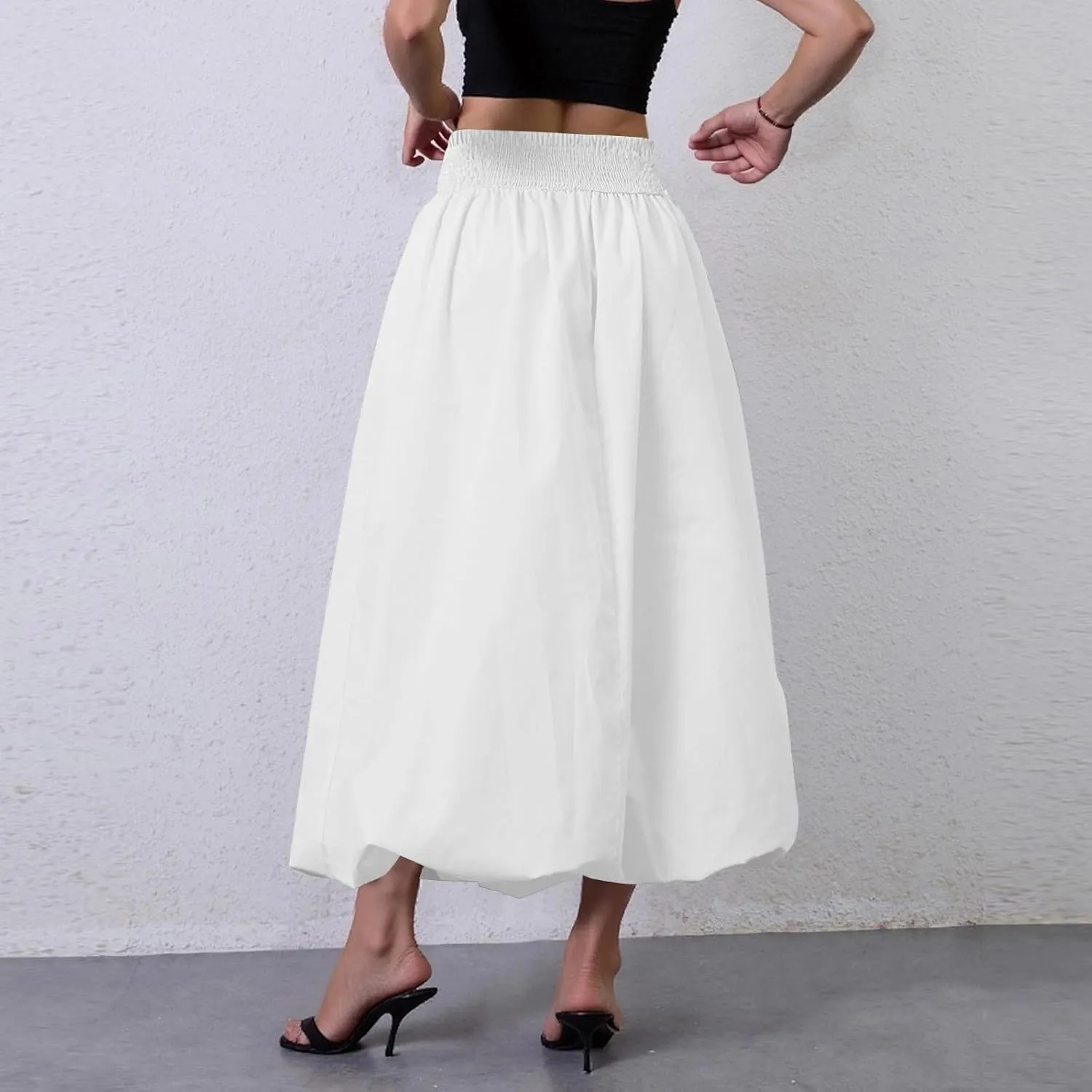 Bubble Midi Skirts for Women Trendy 2025 Summer Smocked Vacation Elastic Waist Flowy A Line Long Skirt with Pockets