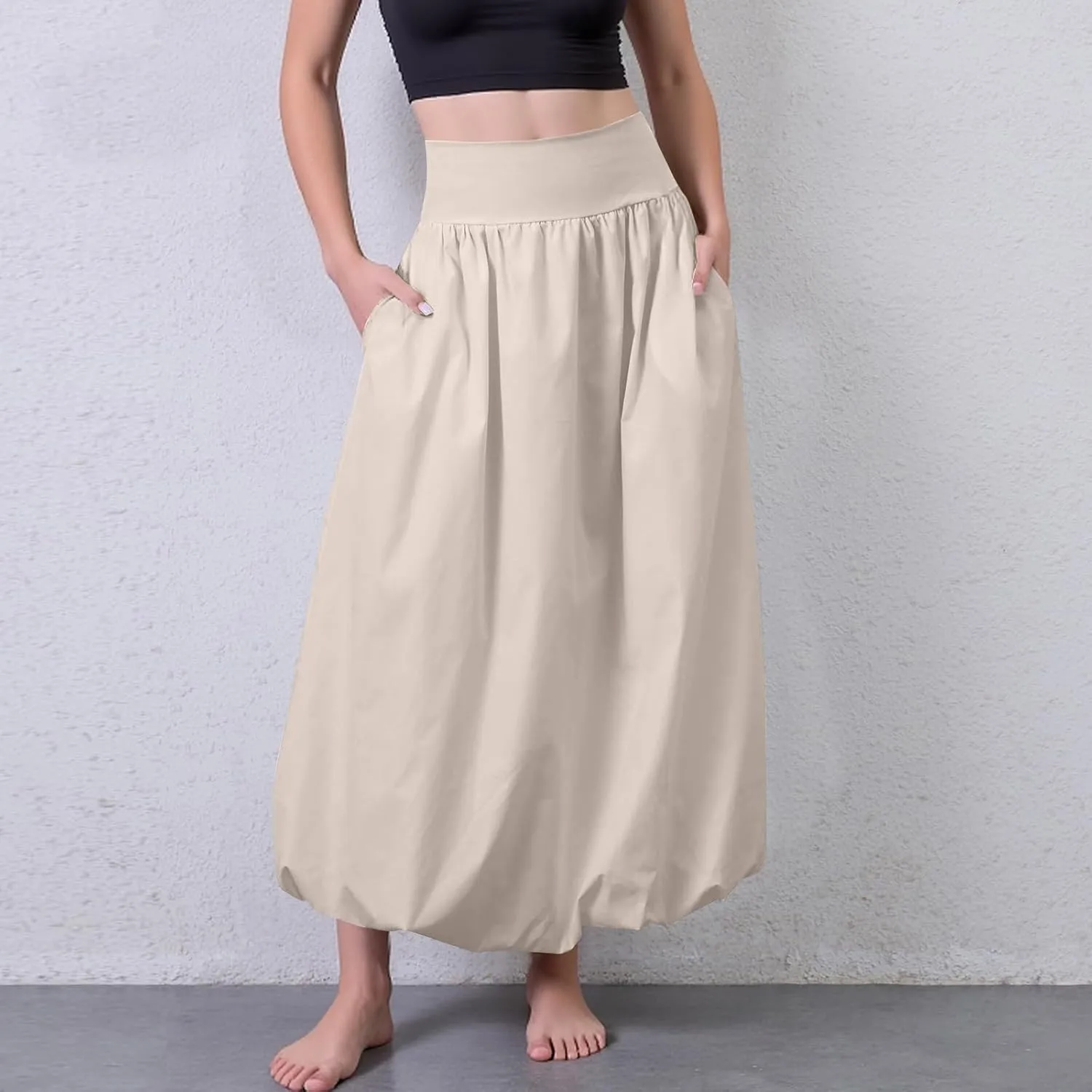 Bubble Midi Skirts for Women Trendy 2025 Summer Smocked Vacation Elastic Waist Flowy A Line Long Skirt with Pockets
