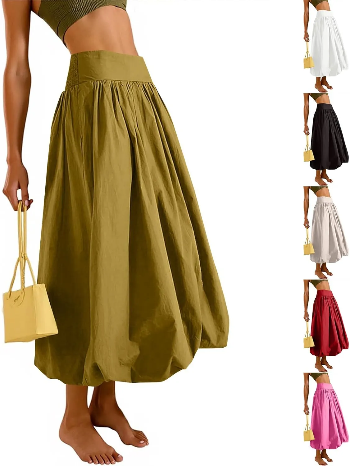 Bubble Midi Skirts for Women Trendy 2025 Summer Smocked Vacation Elastic Waist Flowy A Line Long Skirt with Pockets