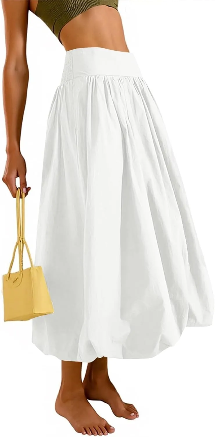 Bubble Midi Skirts for Women Trendy 2025 Summer Smocked Vacation Elastic Waist Flowy A Line Long Skirt with Pockets