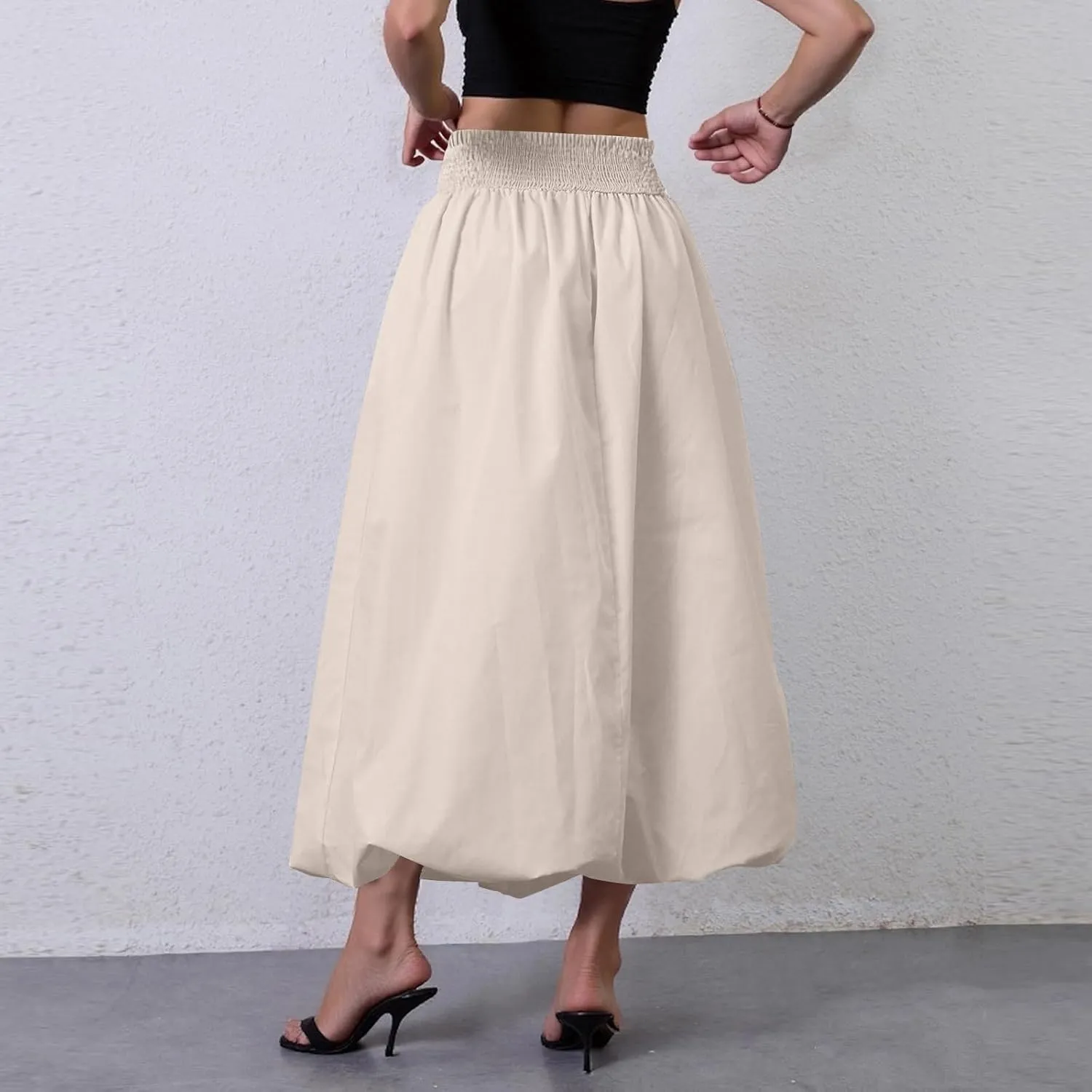 Bubble Midi Skirts for Women Trendy 2025 Summer Smocked Vacation Elastic Waist Flowy A Line Long Skirt with Pockets