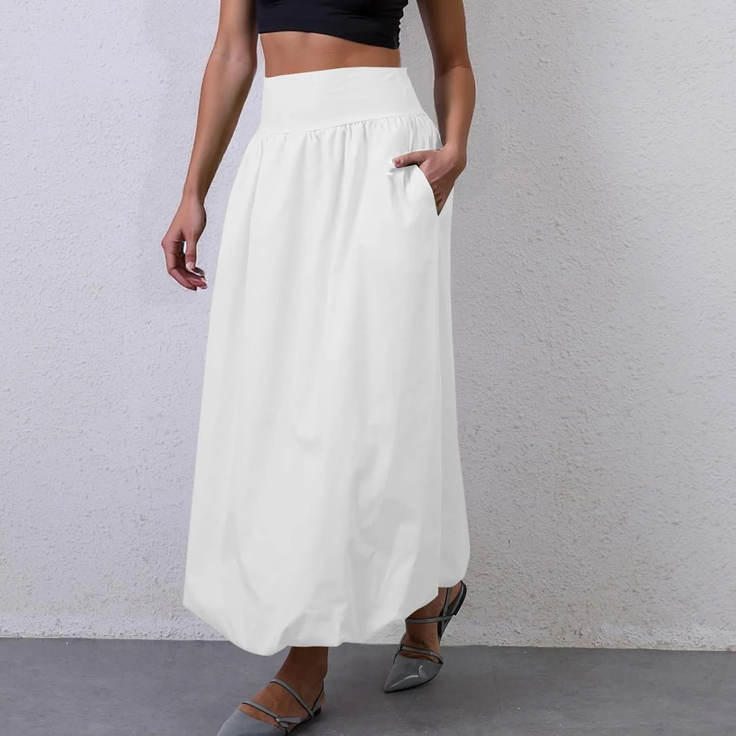Bubble Midi Skirts for Women Trendy 2025 Summer Smocked Vacation Elastic Waist Flowy A Line Long Skirt with Pockets