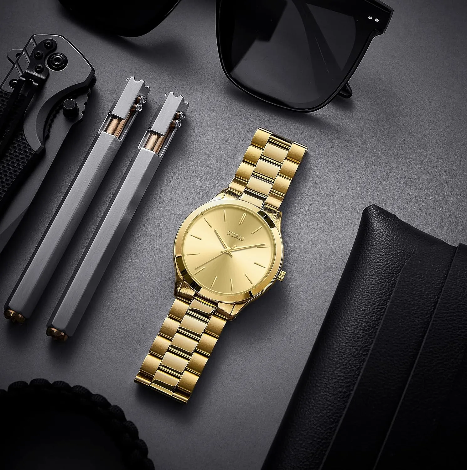 BUREI Men Watches Fashion Analog Stainless Steel Quartz Waterproof Watches,Gift for Men.