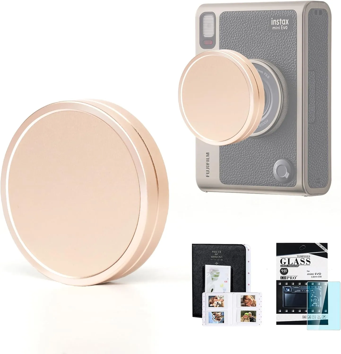CAIYOULE Fujifilm Instax EVO Lens Cap Accessory Kit, Aluminum Cap, Screen Protector, Mini Album - Rose Gold