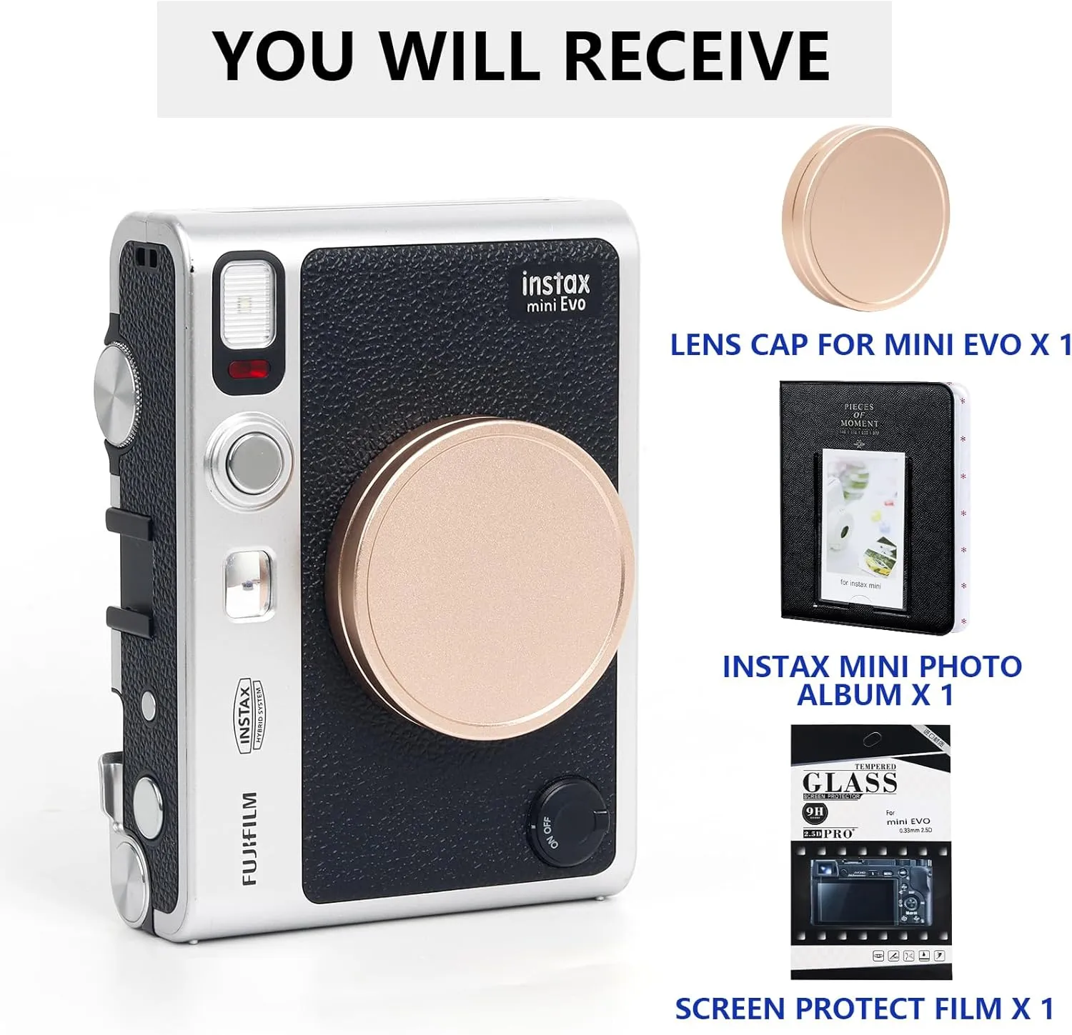 CAIYOULE Fujifilm Instax EVO Lens Cap Accessory Kit, Aluminum Cap, Screen Protector, Mini Album - Rose Gold