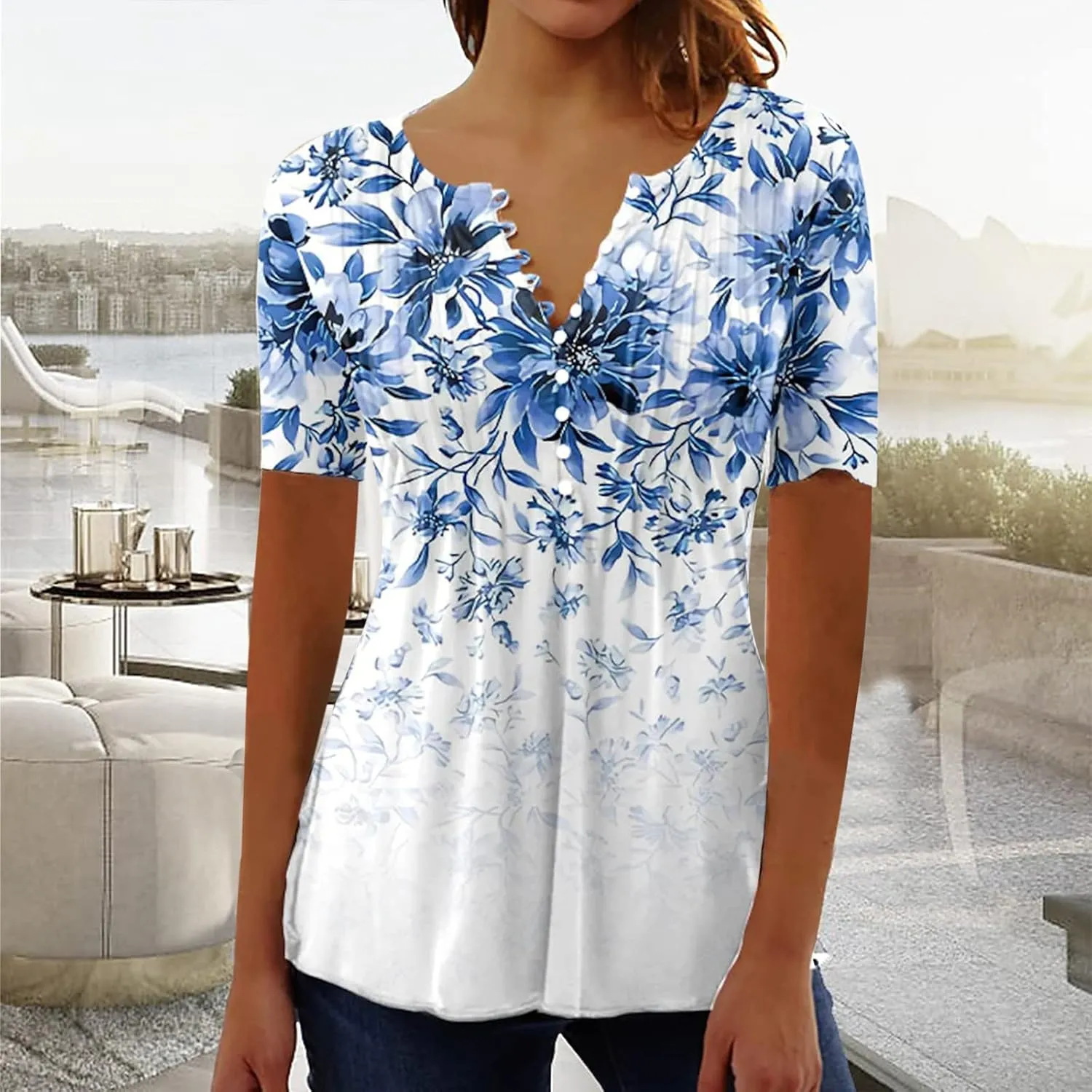 Ceboyel Women Short Sleeve Summer Tops 2023 Floral T Shirts Button V Neck Causal Blouses Trendy Dressy Ladies Fashion Clothes