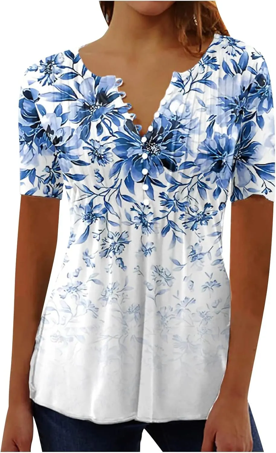 Ceboyel Women Short Sleeve Summer Tops 2023 Floral T Shirts Button V Neck Causal Blouses Trendy Dressy Ladies Fashion Clothes