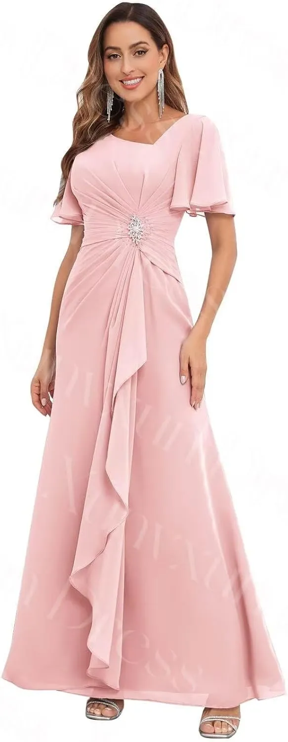 Chiffon Mother of The Bride Dresses with Flutter Sleeves Long V Neck Ruffles Beaded Ruched Formal Prom Dress