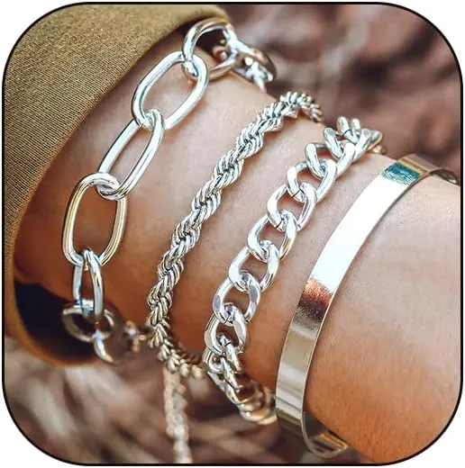 Chunky Gold Chain Bracelets for Women,Trendy Gold Silver Chain Stacking Bracelets Punk Cuban Link Chain Bracelet Sets Fashion Gold Statement Bangle Bracelets Jewelry