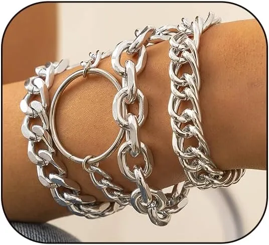 Chunky Gold Chain Bracelets for Women,Trendy Gold Silver Chain Stacking Bracelets Punk Cuban Link Chain Bracelet Sets Fashion Gold Statement Bangle Bracelets Jewelry