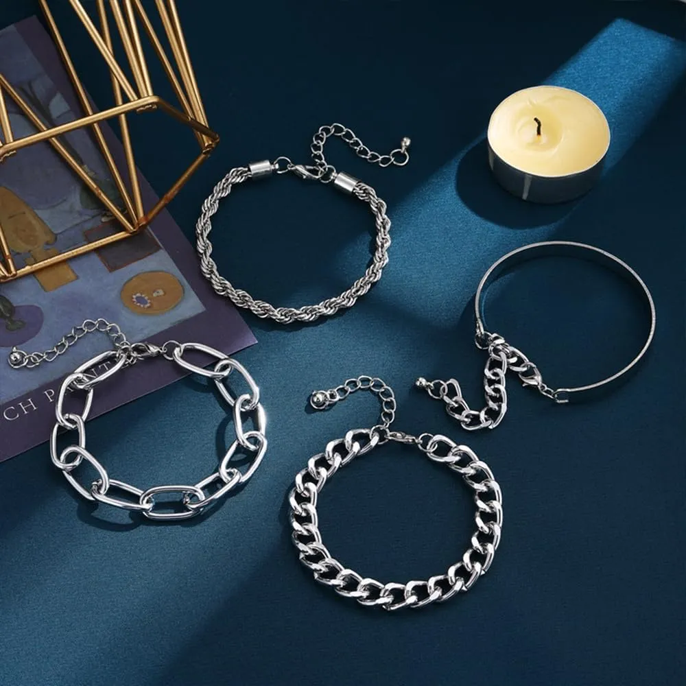 Chunky Gold Chain Bracelets for Women,Trendy Gold Silver Chain Stacking Bracelets Punk Cuban Link Chain Bracelet Sets Fashion Gold Statement Bangle Bracelets Jewelry