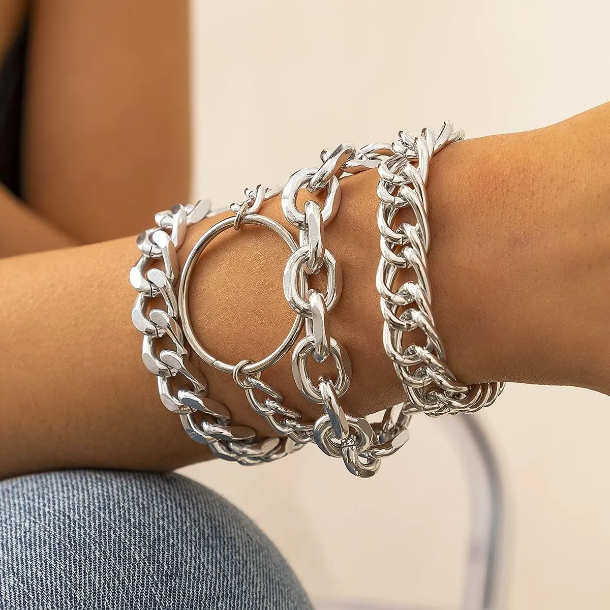 Chunky Gold Chain Bracelets for Women,Trendy Gold Silver Chain Stacking Bracelets Punk Cuban Link Chain Bracelet Sets Fashion Gold Statement Bangle Bracelets Jewelry